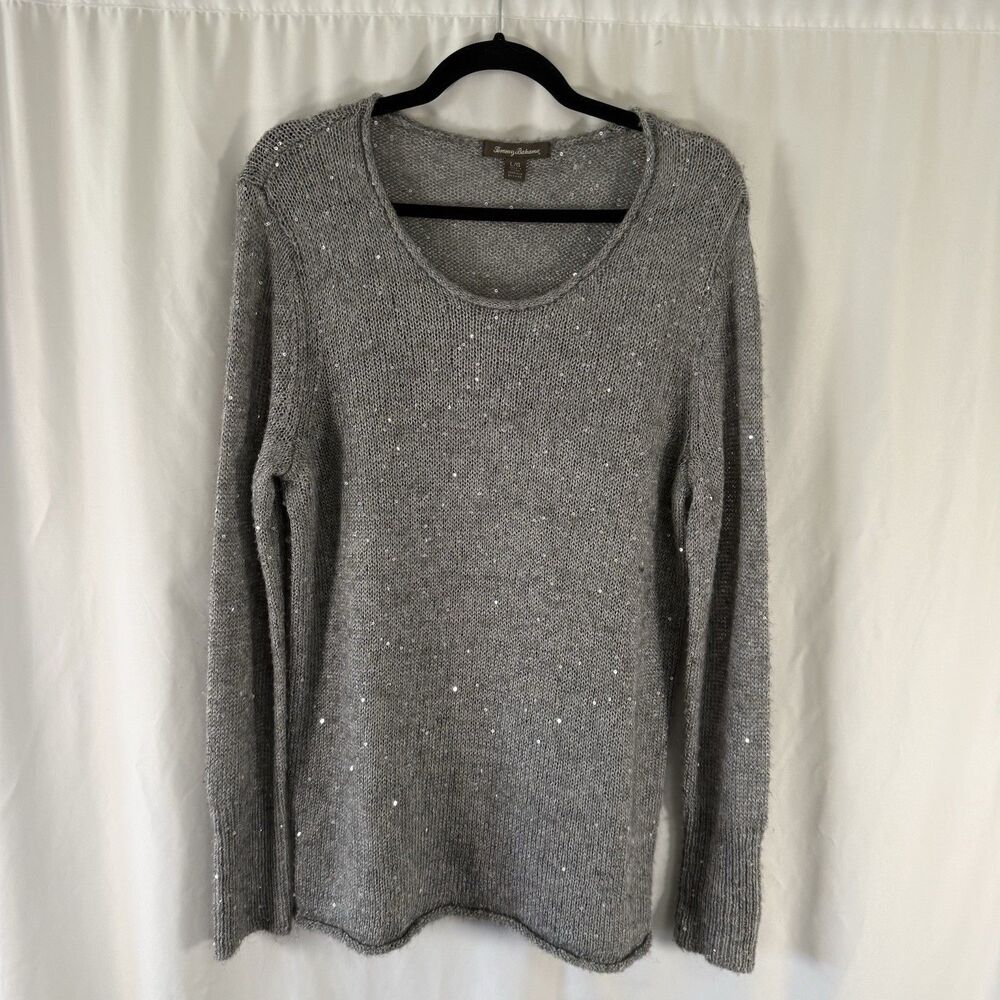 Tommy Bahama Sweater Women's Large Gray Sequin Knit Long Sleeve Round Neck
